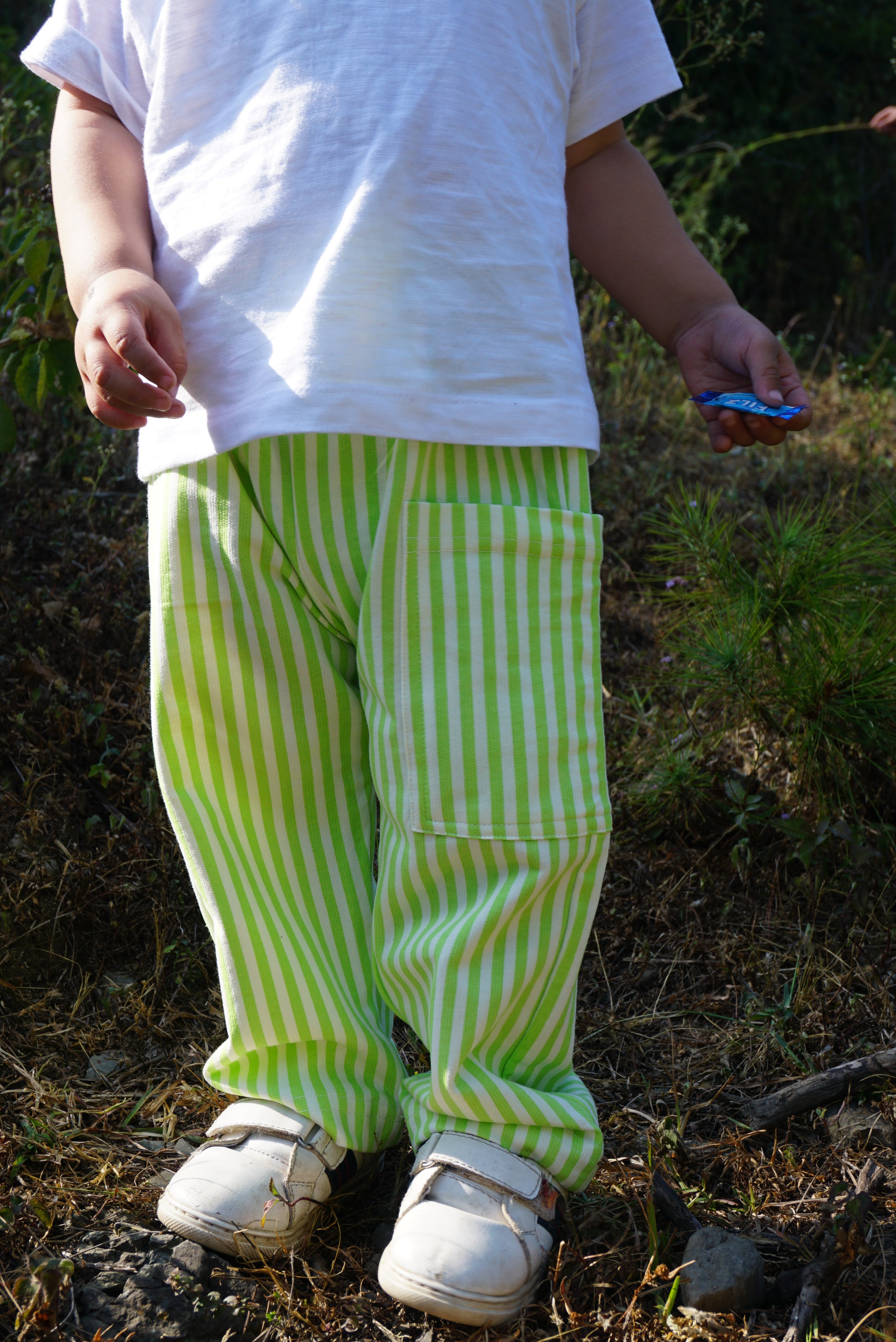 Indian cotton kids striped pants - neon green French terry - Gozikids worldwide