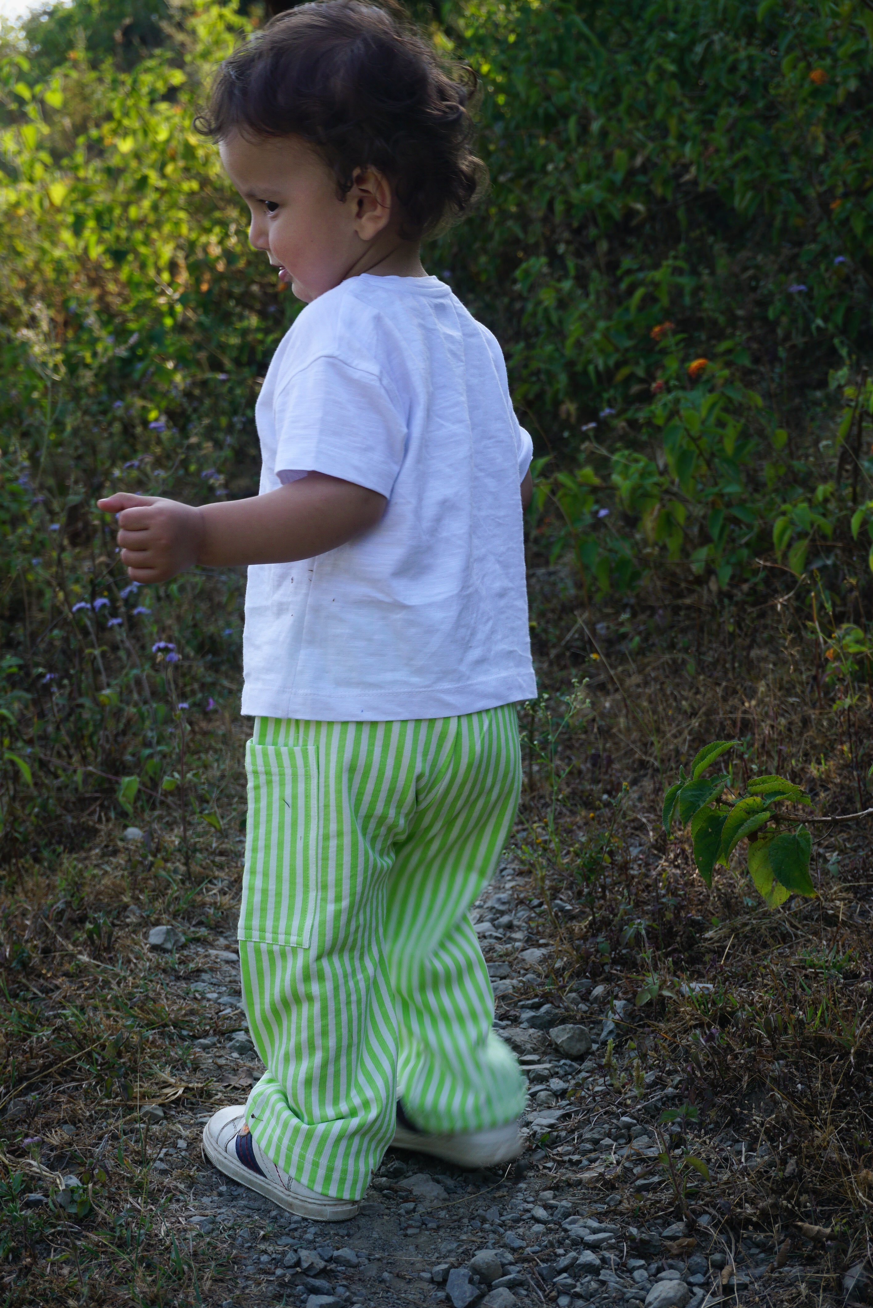 Pure cotton kids pants neon green stripe - French terry - Gozikids