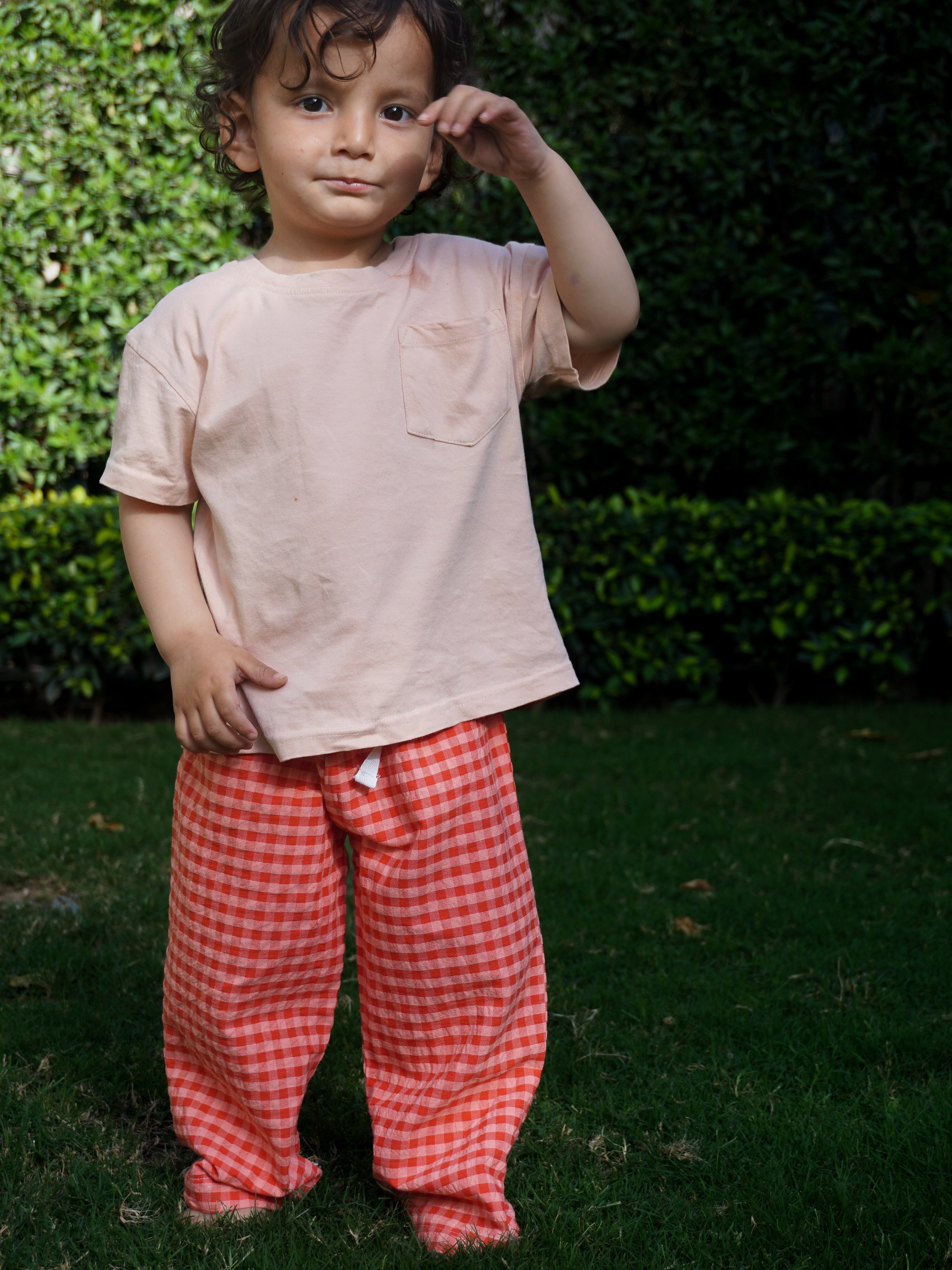 Melon Gingham kids pants - yarn-dyed seersucker cotton - Gozikids India