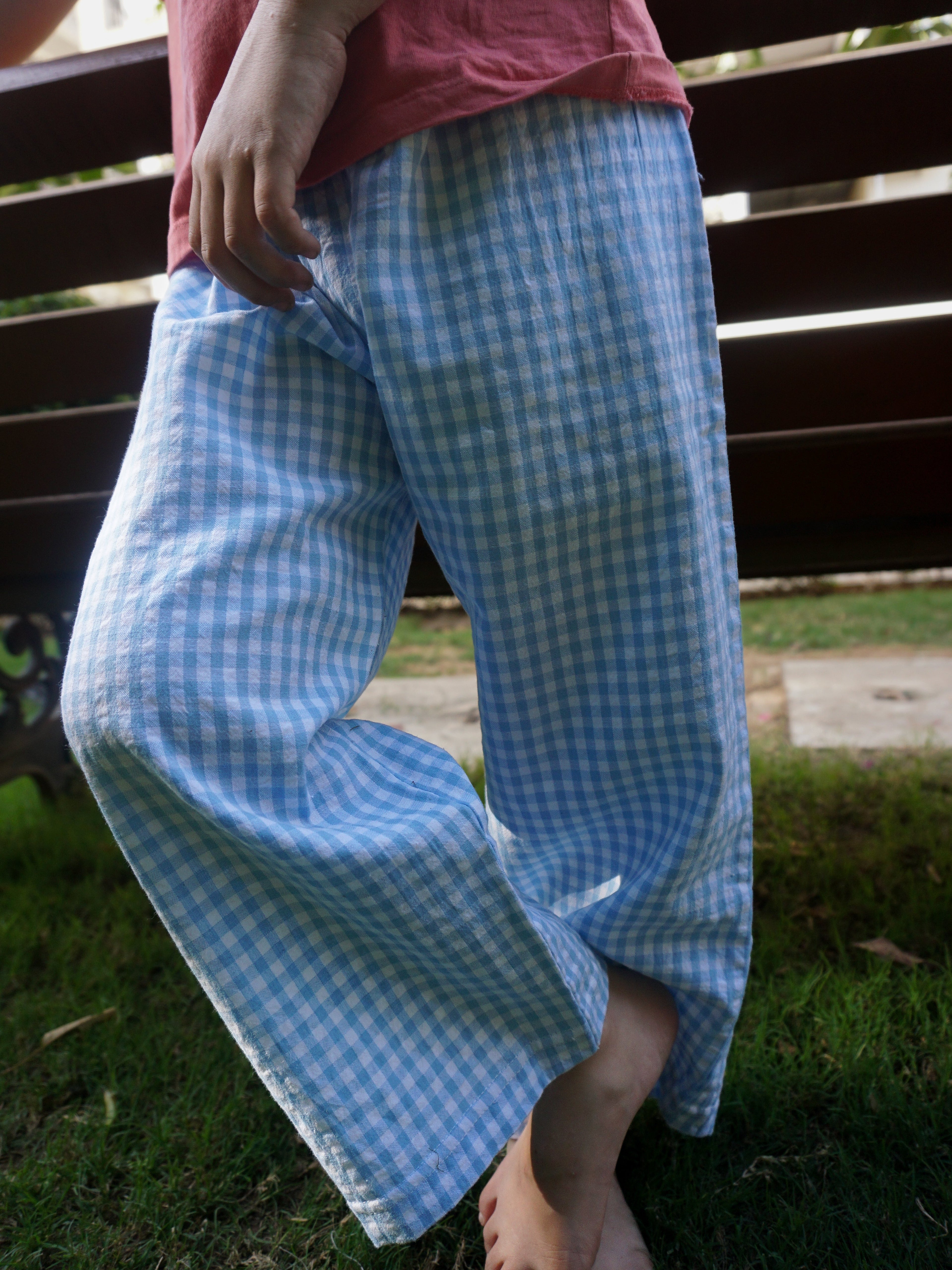 Pure cotton kids check pants India - Baby Blue - Gozikids
