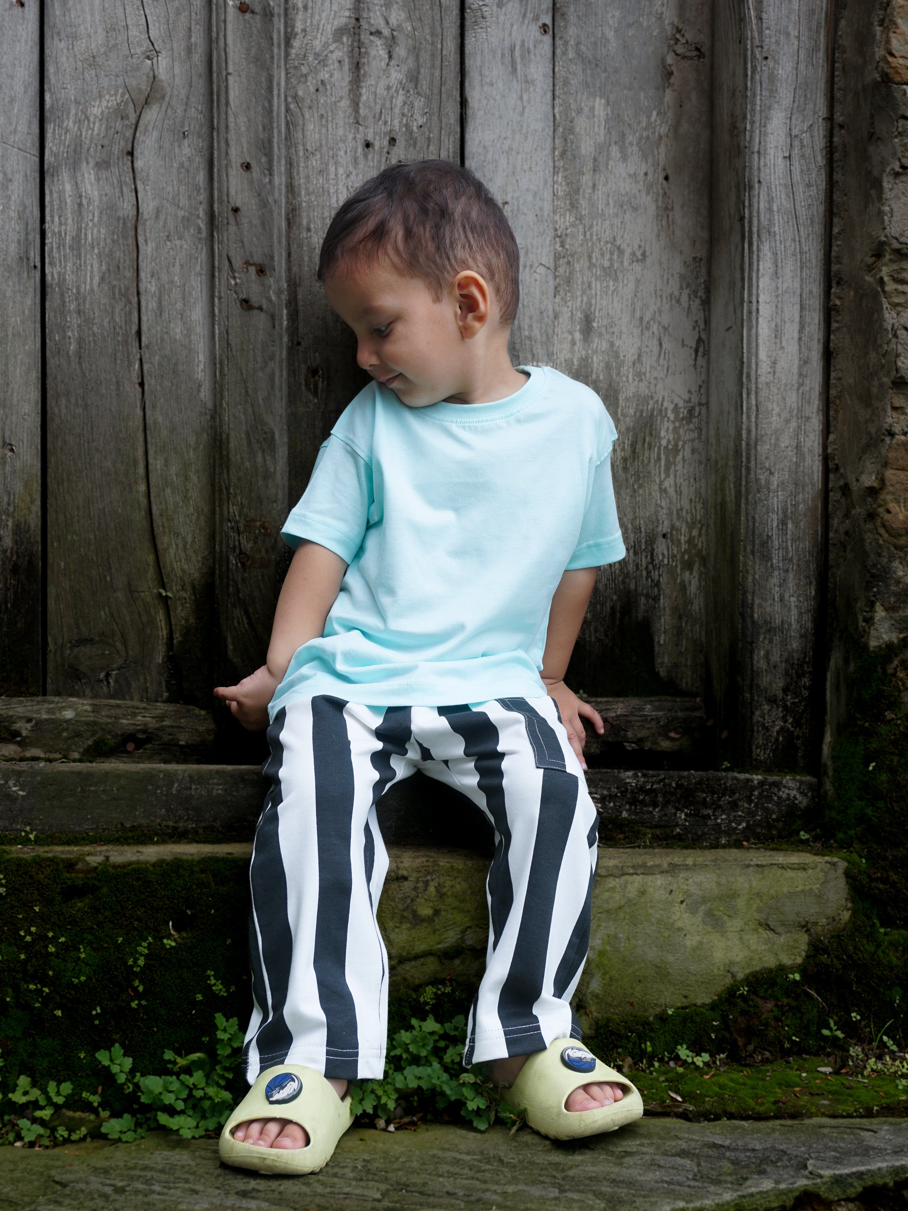 Kids French terry black white striped pants - pure cotton - Gozikids India
