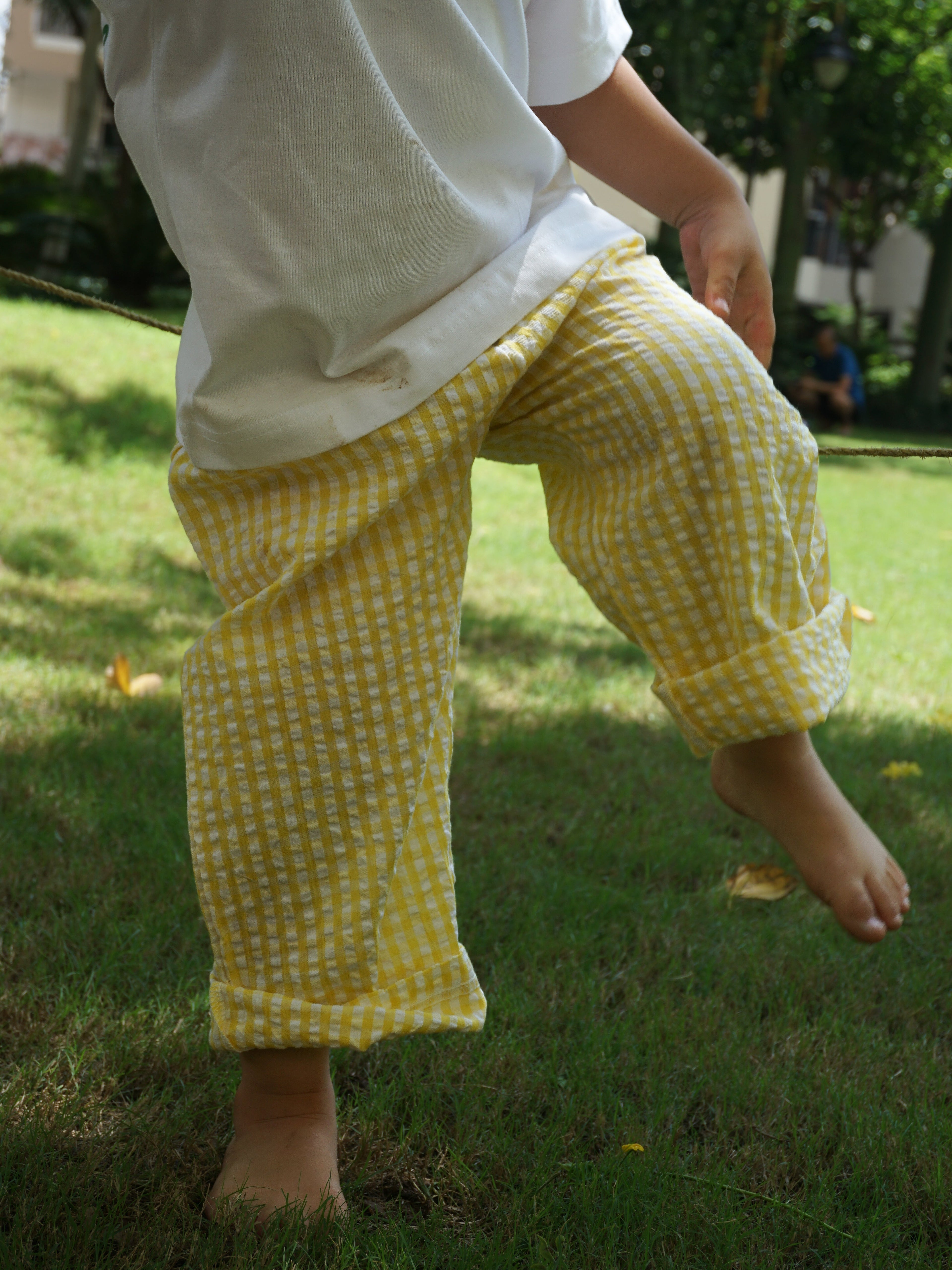 Yellow Seersucker kids pants - lightweight yarn-dyed cotton - Gozikids India