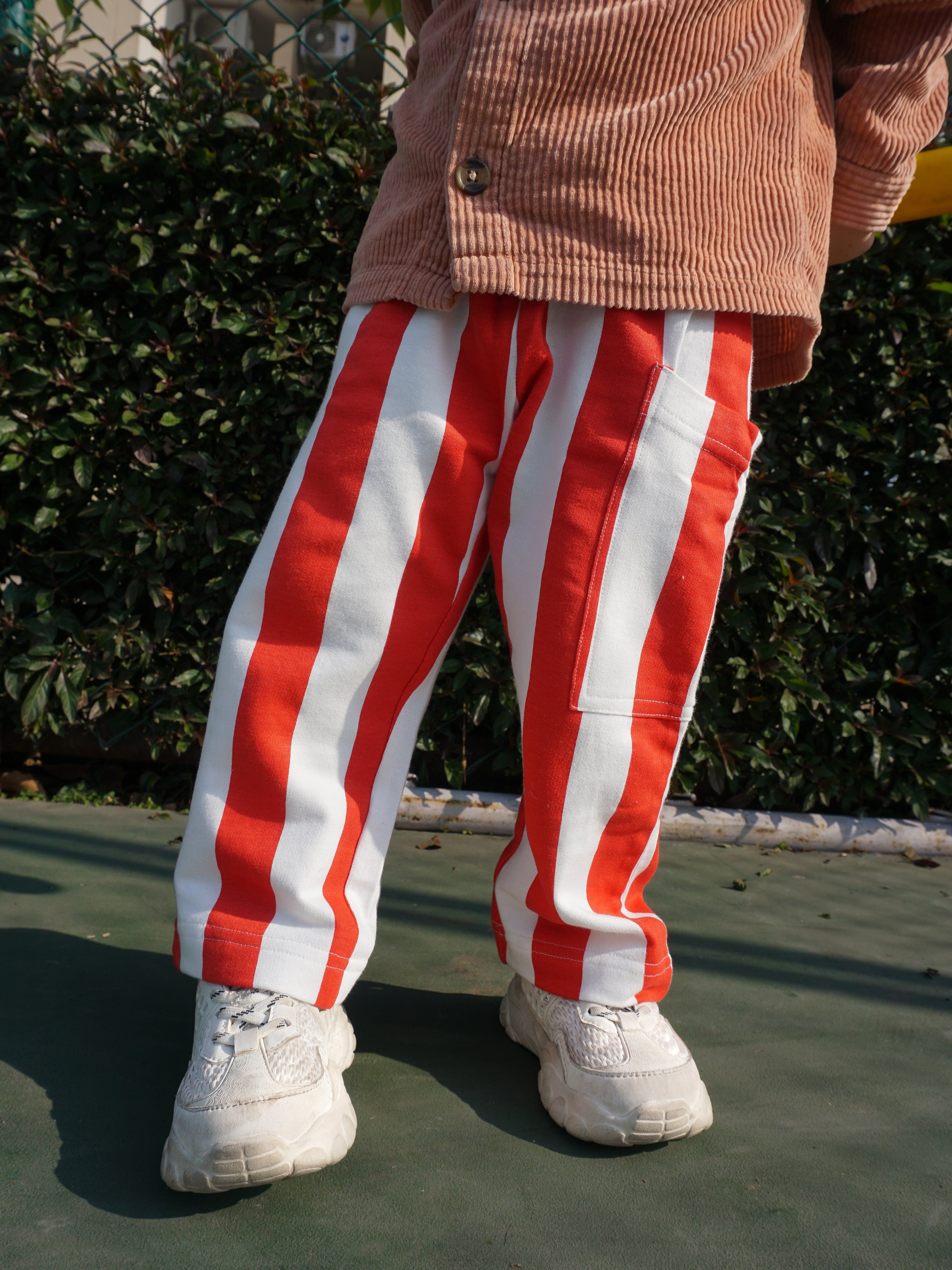 Kids French terry striped pants red - pure cotton - Gozikids