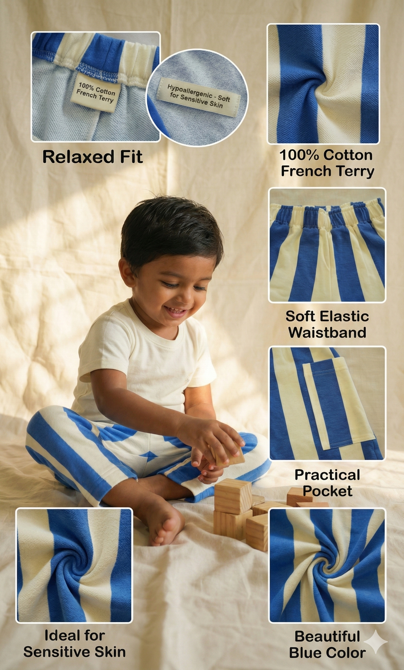 Pure cotton kids pants blue stripe - French terry - Gozikids India