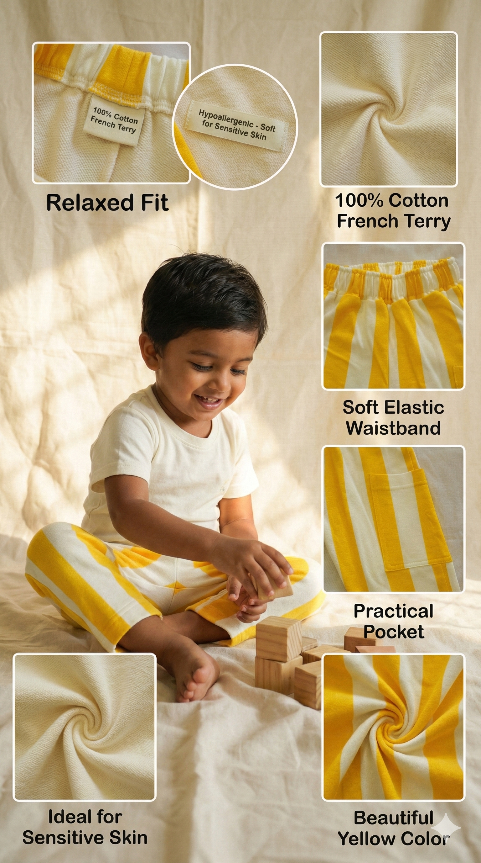Pure cotton kids pants yellow stripe - French terry - Gozikids India